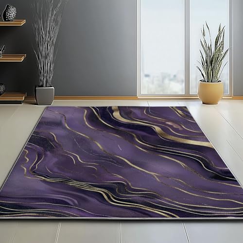 Waschbar Teppich für Wohnzimmer Esszimmer Kinderzimmer Linien Achat Digitale Kunst Thema, Flanell Nachttisch Teppich mit Rutschfester TPR-Rückseite 60 x 110 cm, Lila von Generic