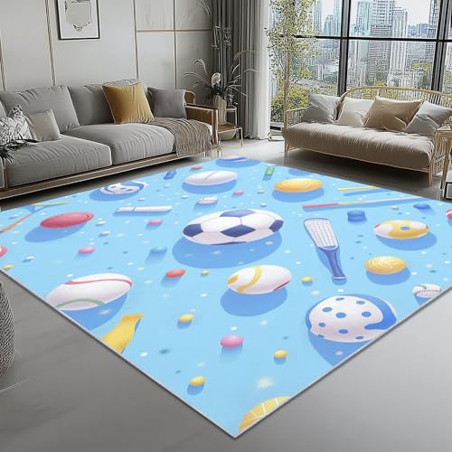 Waschbar Teppich für Wohnzimmer Esszimmer Kinderzimmer Niedlich Cartoon Sport Bälle Thema, Flanell Nachttisch Teppich mit Rutschfester TPR-Rückseite 120 x 180 cm, Hellblau von Generic