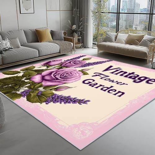 Waschbar Teppich für Wohnzimmer Esszimmer Kinderzimmer Retro-Poster Blumen Rosen Thema, Flanell Nachttisch Teppich mit Rutschfester TPR-Rückseite 140 x 200 cm, Lila Waschbar Teppich für Wohnzimmer Esszimmer Kinderzimmer Retro-Poster Blumen Rosen Thema, Flanell Nachttisch Teppich mit Rutschfester TPR-Rückseite 140 x 200 cm, Lila von Generic