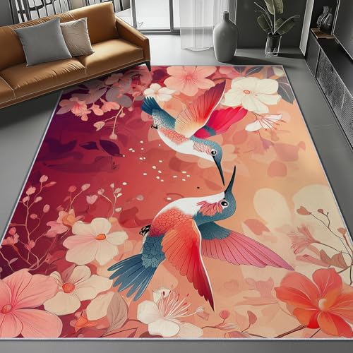 Waschbar Teppich für Wohnzimmer Esszimmer Kinderzimmer Romantisch Blumen Vögel Illustration Thema, Flanell Nachttisch Teppich mit Rutschfester TPR-Rückseite 60 x 110 cm, Rot von Generic