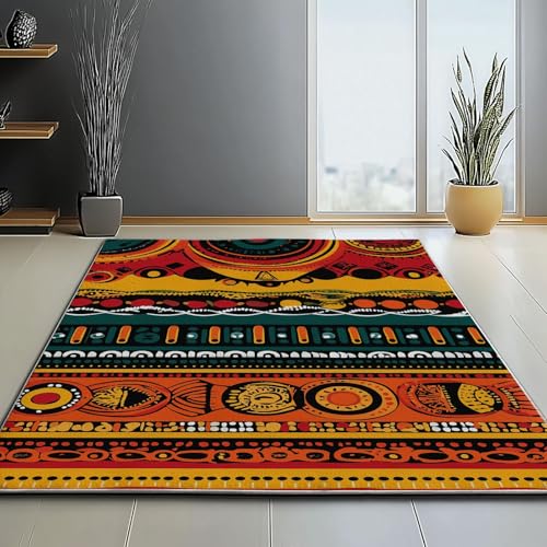 Waschbar Teppich für Wohnzimmer Esszimmer Kinderzimmer Traditionell Afrikanischer Stil Stammesmuster Thema, Flanell Nachttisch Teppich mit Rutschfester TPR-Rückseite 100 x 150 cm, Orange Farbe von Generic