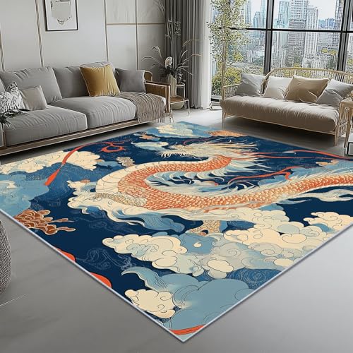 Waschbar Teppich für Wohnzimmer Esszimmer Kinderzimmer Traditionell Drache Wolkenmuster Thema, Flanell Nachttisch Teppich mit Rutschfester TPR-Rückseite 120 x 180 cm, Blau von Generic