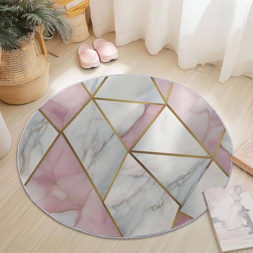 Waschbar Teppiche für Wohnzimmer Rund, Geometrisch Linien Marmor Druck Design, Rosa Weiß Teppich Schlafzimmer Flanell Flauschig Weich rutschfest Fußmatte für Kinderzimmer, Durchmesser 120 cm von Generic