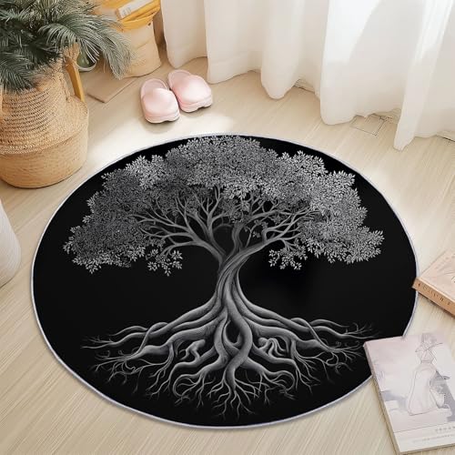 Waschbar Teppiche für Wohnzimmer Rund, Retro Dunkler Stil Lebensbaum Druck Design, Schwarz Teppich Schlafzimmer Flanell Flauschig Weich rutschfest Fußmatte für Kinderzimmer, Durchmesser 60 cm von Generic