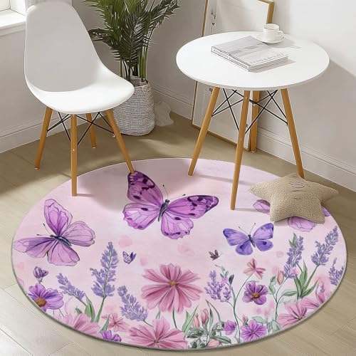 Generisch Waschbar rutschfest Rund Teppich 160 cm Pflegeleicht Strapazierfähig, Illustration Blumen Schmetterling Drucken Rund Teppiche für Wohnzimmer Schlafzimmer Küche Kinderzimmer Essbereich, Lila Generisch Waschbar rutschfest Rund Teppich 160 cm Pflegeleicht Strapazierfähig, Illustration Blumen Schmetterling Drucken Rund Teppiche für Wohnzimmer Schlafzimmer Küche Kinderzimmer Essbereich, Lila von Generisch