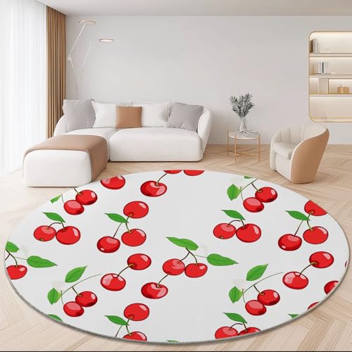 Waschbare Runde Teppiche 100 cm, Cartoon Niedlich Kirsche Rutschfester Runder Teppich für das Wohnzimmer, Bunt Weicher Niedrigfloriger Teppich für unter den Esstisch von Generic