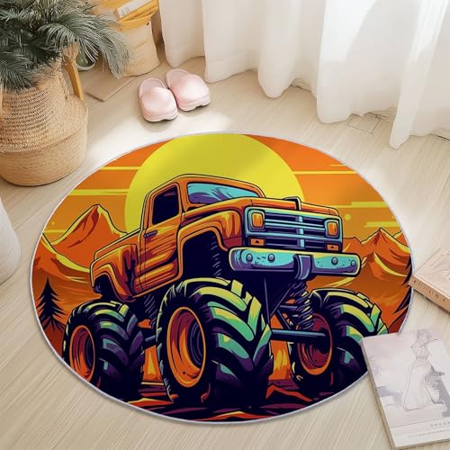 Waschbare Runde Teppiche 100 cm, Cartoon Sonnenuntergang Berge LKW Rutschfester Runder Teppich für das Wohnzimmer, Bunt Weicher Niedrigfloriger Teppich für unter den Esstisch von Generic