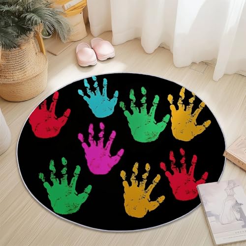 Waschbare Runde Teppiche 100 cm, Gemalt Handabdruck Einfach Textur Rutschfester Runder Teppich für das Wohnzimmer, Bunt Weicher Niedrigfloriger Teppich für unter den Esstisch von Generic