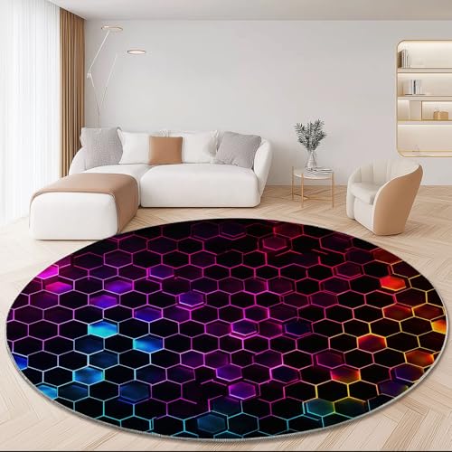 Waschbare Runde Teppiche 100 cm, Sci-Fi Sechsecke Modern Textur Rutschfester Runder Teppich für das Wohnzimmer, Bunt Weicher Niedrigfloriger Teppich für unter den Esstisch von Generic
