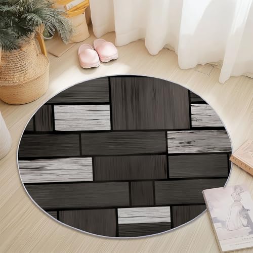 Waschbare Runde Teppiche 120 cm, Abstrakt Rechteck Holz Linien Rutschfester Runder Teppich für das Wohnzimmer, Schwarz Grauweiß Weicher Niedrigfloriger Teppich für unter den Esstisch Waschbare Runde Teppiche 120 cm, Abstrakt Rechteck Holz Linien Rutschfester Runder Teppich für das Wohnzimmer, Schwarz Grauweiß Weicher Niedrigfloriger Teppich für unter den Esstisch von Generic