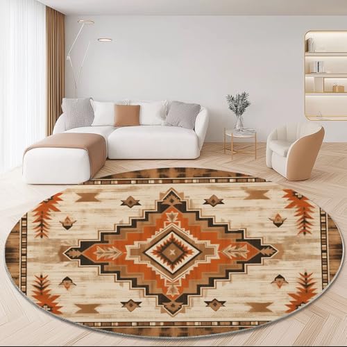 Waschbare Runde Teppiche 120 cm, Bohème Traditionell Rahmen Rutschfester Runder Teppich für das Wohnzimmer, Bunt Weicher Niedrigfloriger Teppich für unter den Esstisch von Generic