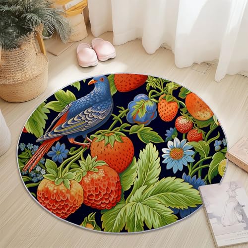 Waschbare Runde Teppiche 120 cm, William Morris Vogel Erdbeere Ranken Rutschfester Runder Teppich für das Wohnzimmer, Bunt Weicher Niedrigfloriger Teppich für unter den Esstisch Waschbare Runde Teppiche 120 cm, William Morris Vogel Erdbeere Ranken Rutschfester Runder Teppich für das Wohnzimmer, Bunt Weicher Niedrigfloriger Teppich für unter den Esstisch von Generic