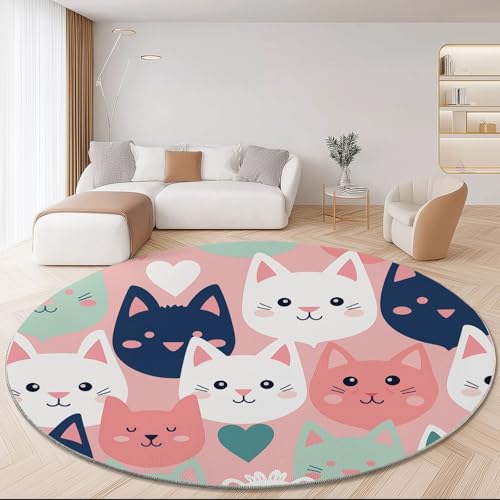 Waschbare Runde Teppiche 140 cm, Cartoon Niedlich Katzengesicht Rutschfester Runder Teppich für das Wohnzimmer, Bunt Weicher Niedrigfloriger Teppich für unter den Esstisch von Generic