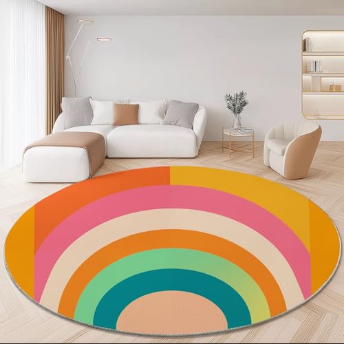 Waschbare Runde Teppiche 140 cm, Einfach Abstrakt Regenbogen Linien Rutschfester Runder Teppich für das Wohnzimmer, Bunt Weicher Niedrigfloriger Teppich für unter den Esstisch von Generic