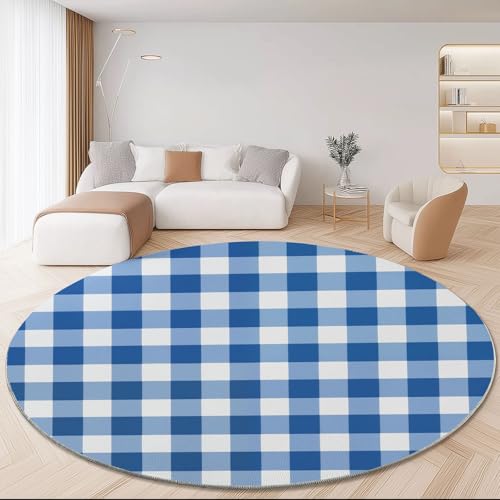 Waschbare Runde Teppiche 140 cm, Einfach Karomuster Streifen Rutschfester Runder Teppich für das Wohnzimmer, Hellblau Weiß Weicher Niedrigfloriger Teppich für unter den Esstisch von Generic