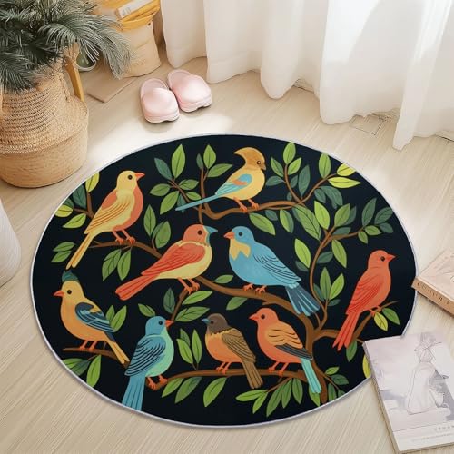 Waschbare Runde Teppiche 140 cm, Einfach Niedlich AST Vogel Rutschfester Runder Teppich für das Wohnzimmer, Bunt Weicher Niedrigfloriger Teppich für unter den Esstisch von Generic