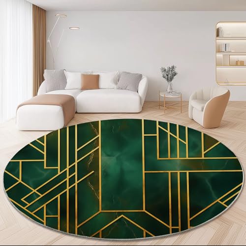 Waschbare Runde Teppiche 140 cm, Geometrisch Luxus Linien Textur Rutschfester Runder Teppich für das Wohnzimmer, Dunkelgrün Gold Weicher Niedrigfloriger Teppich für unter den Esstisch Waschbare Runde Teppiche 140 cm, Geometrisch Luxus Linien Textur Rutschfester Runder Teppich für das Wohnzimmer, Dunkelgrün Gold Weicher Niedrigfloriger Teppich für unter den Esstisch von Generic