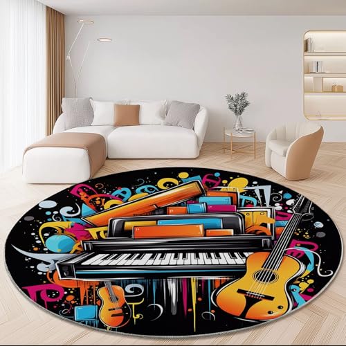 Waschbare Runde Teppiche 140 cm, Kritzeleien Musikelemente Klavier Rutschfester Runder Teppich für das Wohnzimmer, Bunt Weicher Niedrigfloriger Teppich für unter den Esstisch Waschbare Runde Teppiche 140 cm, Kritzeleien Musikelemente Klavier Rutschfester Runder Teppich für das Wohnzimmer, Bunt Weicher Niedrigfloriger Teppich für unter den Esstisch von Generic