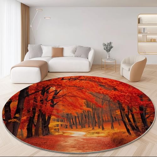 Waschbare Runde Teppiche 140 cm, Natur Herbstlandschaft Wald Rutschfester Runder Teppich für das Wohnzimmer, Bunt Weicher Niedrigfloriger Teppich für unter den Esstisch Waschbare Runde Teppiche 140 cm, Natur Herbstlandschaft Wald Rutschfester Runder Teppich für das Wohnzimmer, Bunt Weicher Niedrigfloriger Teppich für unter den Esstisch von Generic