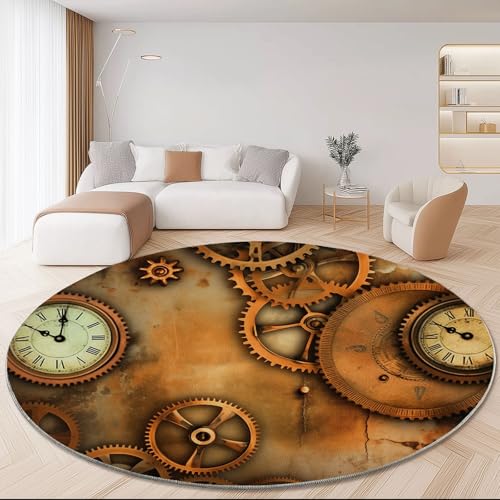 Waschbare Runde Teppiche 140 cm, Retro Industrielle Elemente Zahnräder Uhr Rutschfester Runder Teppich für das Wohnzimmer, Bunt Weicher Niedrigfloriger Teppich für unter den Esstisch von Generic
