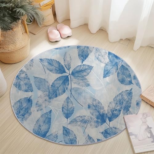 Waschbare Runde Teppiche 140 cm, Wassertinte Blätter Textur Rutschfester Runder Teppich für das Wohnzimmer, Blau Grauweiß Weicher Niedrigfloriger Teppich für unter den Esstisch von Generic