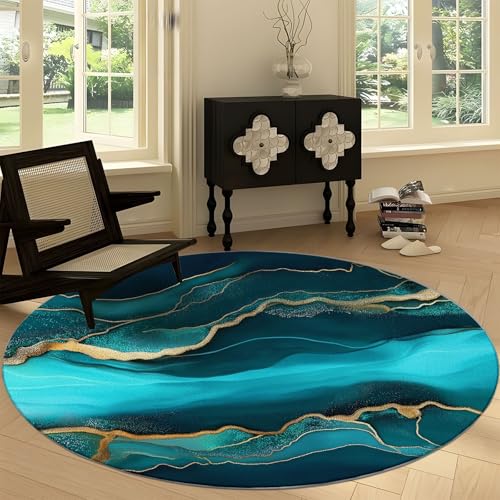 Waschbare Runde Teppiche 150 cm, Luxuriöse Onyx Marmorstruktur Rutschfester Runder Rugs für das Wohnzimmer, Cyan Weicher Niedrigfloriger Teppich für unter den Esstisch von Generic