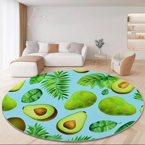 Waschbare Runde Teppiche 160 cm, Aquarell Avocado Blätter Rutschfester Runder Teppich für das Wohnzimmer, Bunt Weicher Niedrigfloriger Teppich für unter den Esstisch von Generic
