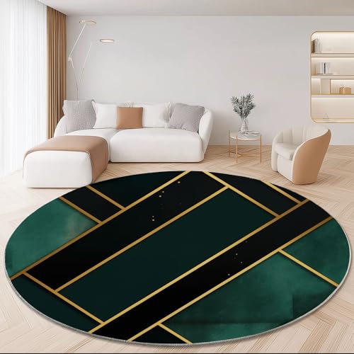 Waschbare Runde Teppiche 160 cm, Einfach Geometrisch Linien Textur Rutschfester Runder Teppich für das Wohnzimmer, Dunkelgrün Gold Weicher Niedrigfloriger Teppich für unter den Esstisch von Generic