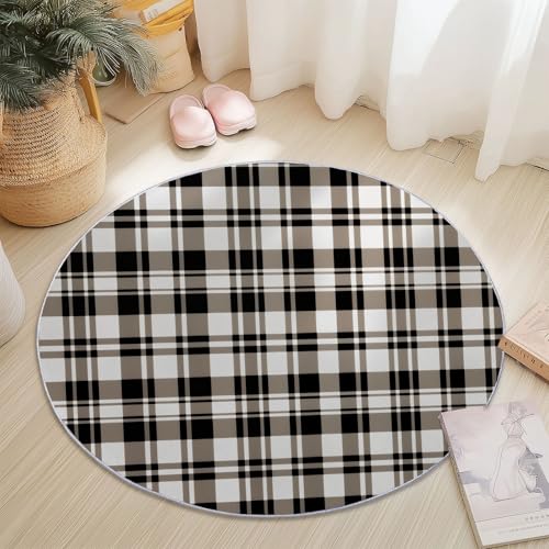 Waschbare Runde Teppiche 160 cm, Einfach Kariert Linien Rutschfester Runder Teppich für das Wohnzimmer, Schwarz Weiß Weicher Niedrigfloriger Teppich für unter den Esstisch von Generic