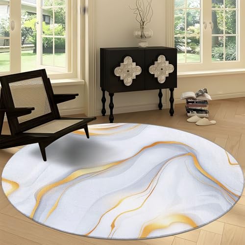 Waschbare Runde Teppiche 160 cm, Luxuriöse Goldene Marmortextur Rutschfester Runder Rugs für das Wohnzimmer, Weiß Gold Weicher Niedrigfloriger Teppich für unter den Esstisch von Generic