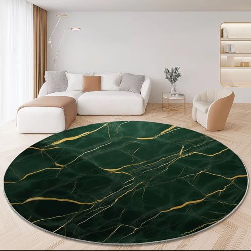 Waschbare Runde Teppiche 160 cm, Modern Luxus Marmoriert Linien Rutschfester Runder Teppich für das Wohnzimmer, Dunkelgrün Gold Weicher Niedrigfloriger Teppich für unter den Esstisch von Generic