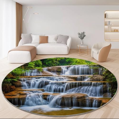 Waschbare Runde Teppiche 160 cm, Natur Wasserfall Felsen Wald Rutschfester Runder Teppich für das Wohnzimmer, Bunt Weicher Niedrigfloriger Teppich für unter den Esstisch Waschbare Runde Teppiche 160 cm, Natur Wasserfall Felsen Wald Rutschfester Runder Teppich für das Wohnzimmer, Bunt Weicher Niedrigfloriger Teppich für unter den Esstisch von Generic