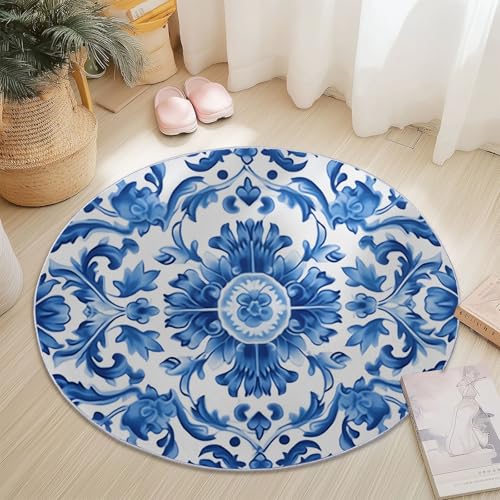Waschbare Runde Teppiche 160 cm, Orientalisch Traditionell Blau-Weißes Porzellan Rutschfester Runder Teppich für das Wohnzimmer, Blau Weiß Weicher Niedrigfloriger Teppich für unter den Esstisch von Generic
