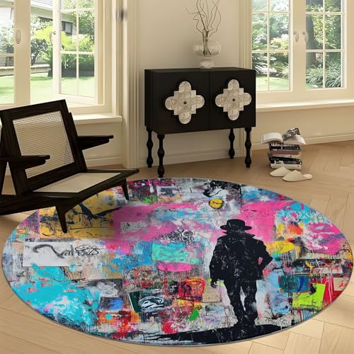 Waschbare Runde Teppiche 180 cm, Abstrakte Graffiti Kunst Rutschfester Runder Rugs für das Wohnzimmer, Bunt Weicher Niedrigfloriger Teppich für unter den Esstisch von Generic
