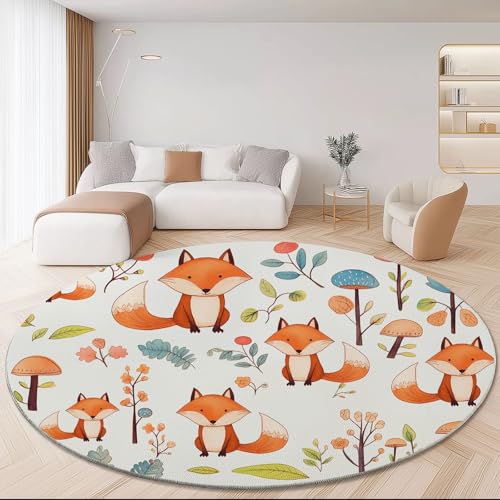 Waschbare Runde Teppiche 180 cm, Aquarell Cartoon Wald Fuchs Rutschfester Runder Teppich für das Wohnzimmer, Bunt Weicher Niedrigfloriger Teppich für unter den Esstisch von Generic