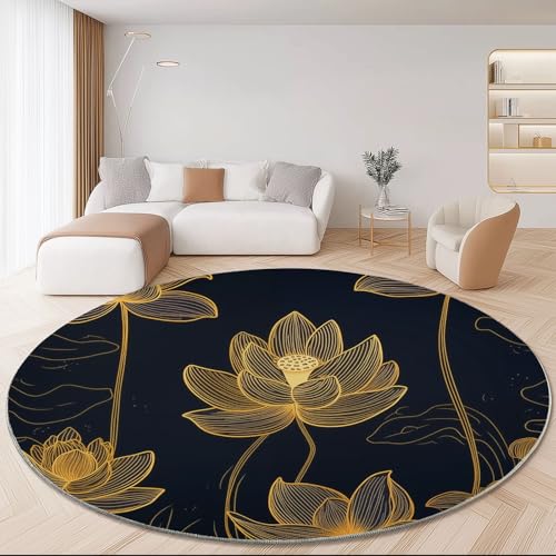 Waschbare Runde Teppiche 180 cm, Orientalisch Lotus Linien Rutschfester Runder Teppich für das Wohnzimmer, Gold Dunkelblau Weicher Niedrigfloriger Teppich für unter den Esstisch von Generic