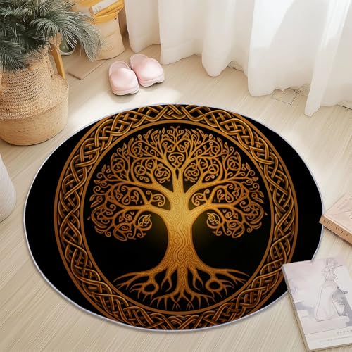 Waschbare Runde Teppiche 180 cm, Retro Textur Lebensbaum Kreise Rutschfester Runder Teppich für das Wohnzimmer, Braunes Schwarz Weicher Niedrigfloriger Teppich für unter den Esstisch Waschbare Runde Teppiche 180 cm, Retro Textur Lebensbaum Kreise Rutschfester Runder Teppich für das Wohnzimmer, Braunes Schwarz Weicher Niedrigfloriger Teppich für unter den Esstisch von Generic