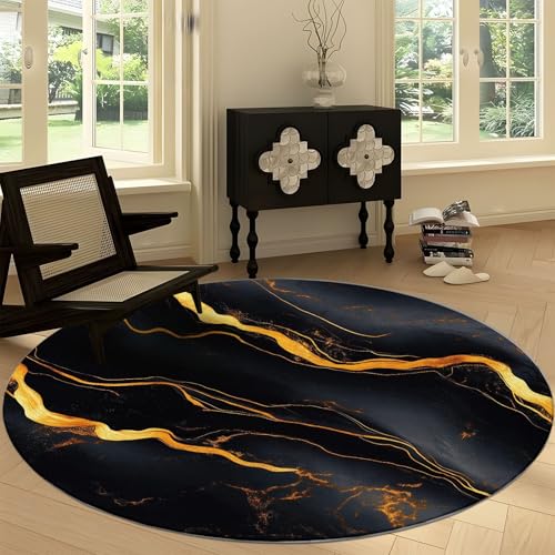 Waschbare Runde Teppiche 180 cm, Schwarz Goldene Marmorstruktur Rutschfester Runder Rugs für das Wohnzimmer, Schwarz Gold Weicher Niedrigfloriger Teppich für unter den Esstisch Waschbare Runde Teppiche 180 cm, Schwarz Goldene Marmorstruktur Rutschfester Runder Rugs für das Wohnzimmer, Schwarz Gold Weicher Niedrigfloriger Teppich für unter den Esstisch von Generic