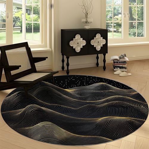 Waschbare Runde Teppiche 180 cm, Surrealismus Goldstreifen Rutschfester Runder Rugs für das Wohnzimmer, Schwarz Gold Weicher Niedrigfloriger Teppich für unter den Esstisch von Generic