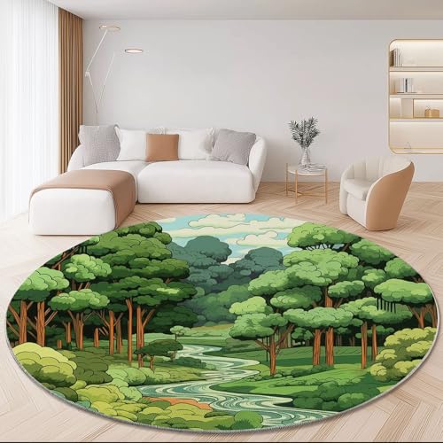 Waschbare Runde Teppiche 60 cm, Anime Landschaft Bäume Bach Rutschfester Runder Teppich für das Wohnzimmer, Bunt Weicher Niedrigfloriger Teppich für unter den Esstisch Waschbare Runde Teppiche 60 cm, Anime Landschaft Bäume Bach Rutschfester Runder Teppich für das Wohnzimmer, Bunt Weicher Niedrigfloriger Teppich für unter den Esstisch von Generic