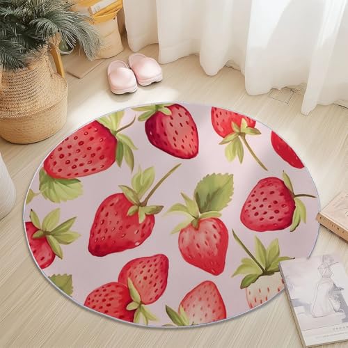 Waschbare Runde Teppiche 60 cm, Aquarell Niedlich Blätter Erdbeere Rutschfester Runder Teppich für das Wohnzimmer, Bunt Weicher Niedrigfloriger Teppich für unter den Esstisch von Generic