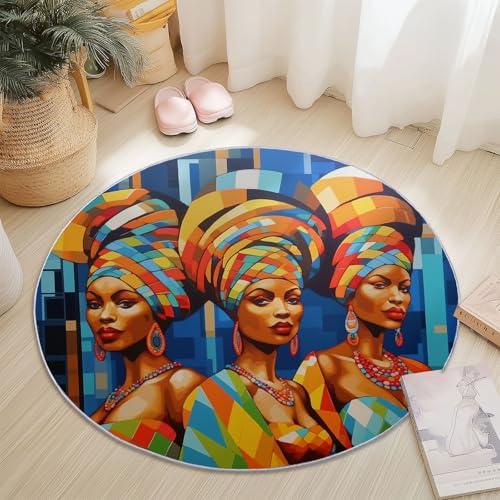 Waschbare Runde Teppiche 60 cm, Geometrisch Afrikanische Frau Kopfschmuck Modern Rutschfester Runder Teppich für das Wohnzimmer, Bunt Weicher Niedrigfloriger Teppich für unter den Esstisch von Generic