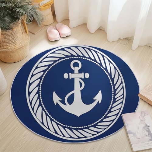 Waschbare Runde Teppiche 60 cm, Nautische Elemente Haken Kreis Textur Rutschfester Runder Teppich für das Wohnzimmer, Marineblau Weiß Weicher Niedrigfloriger Teppich für unter den Esstisch von Generic