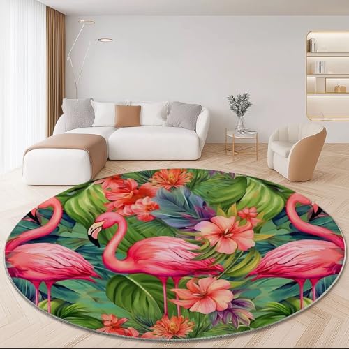 Waschbare Runde Teppiche 60 cm, Tropische Elemente Flamingo Blumen Pflanzen Rutschfester Runder Teppich für das Wohnzimmer, Bunt Weicher Niedrigfloriger Teppich für unter den Esstisch Waschbare Runde Teppiche 60 cm, Tropische Elemente Flamingo Blumen Pflanzen Rutschfester Runder Teppich für das Wohnzimmer, Bunt Weicher Niedrigfloriger Teppich für unter den Esstisch von Generic