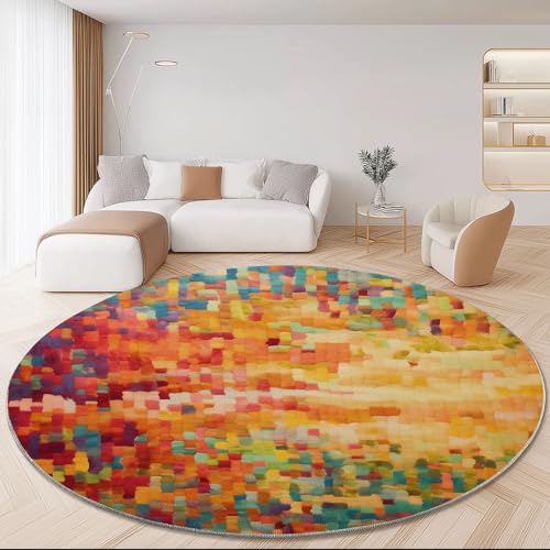 Waschbare Runde Teppiche 80 cm, Abstrakt Quadrate Mosaik Textur Rutschfester Runder Teppich für das Wohnzimmer, Bunt Weicher Niedrigfloriger Teppich für unter den Esstisch von Generic