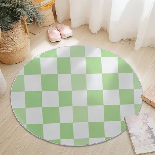 Waschbare Runde Teppiche 80 cm, Einfach Frisch Gitter Linien Rutschfester Runder Teppich für das Wohnzimmer, Grün Weiß Weicher Niedrigfloriger Teppich für unter den Esstisch Waschbare Runde Teppiche 80 cm, Einfach Frisch Gitter Linien Rutschfester Runder Teppich für das Wohnzimmer, Grün Weiß Weicher Niedrigfloriger Teppich für unter den Esstisch von Generic