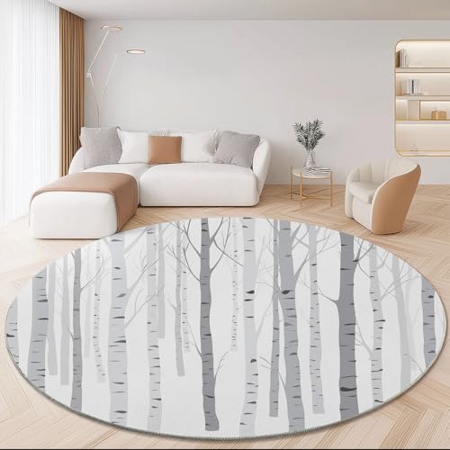 Waschbare Runde Teppiche 80 cm, Einfach Linien Birkenwald Rutschfester Runder Teppich für das Wohnzimmer, Grau Weiß Weicher Niedrigfloriger Teppich für unter den Esstisch Waschbare Runde Teppiche 80 cm, Einfach Linien Birkenwald Rutschfester Runder Teppich für das Wohnzimmer, Grau Weiß Weicher Niedrigfloriger Teppich für unter den Esstisch von Generic