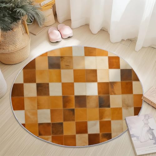 Waschbare Runde Teppiche 80 cm, Einfach Textur Gitter Linien Rutschfester Runder Teppich für das Wohnzimmer, Braunes Weiß Weicher Niedrigfloriger Teppich für unter den Esstisch Waschbare Runde Teppiche 80 cm, Einfach Textur Gitter Linien Rutschfester Runder Teppich für das Wohnzimmer, Braunes Weiß Weicher Niedrigfloriger Teppich für unter den Esstisch von Generic