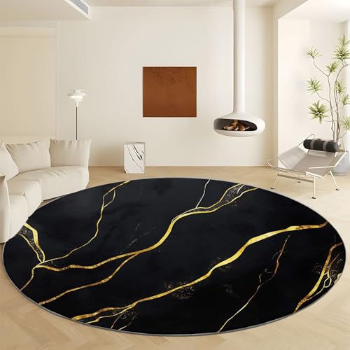 Waschbare Runde Teppiche 90 cm, Goldlinien Aus Marmor Rutschfester Runder Teppich für das Wohnzimmer, Schwarzes Gold Weicher Niedrigfloriger Teppich für unter den Esstisch von Generic