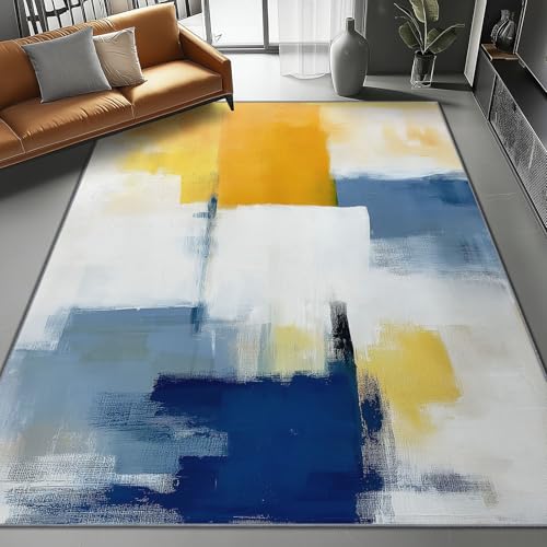 Waschbare Teppiche Wohnzimmer Schlafzimmer Deko 140 x 200 cm, Abstrakte Farbblöcke Print Design Blau Gelb, Weiche Kurzflor Teppich Anti-Rutsch Unterseite von Generic